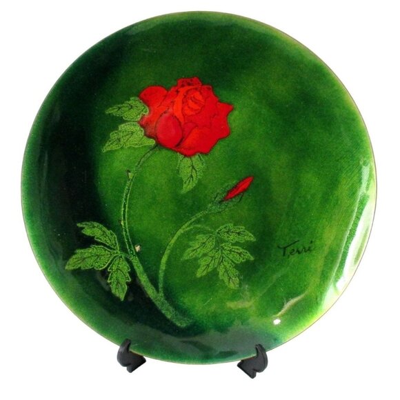 Bovano Red Rose Enamel on Copper 8" Plate Signed Terri - Vtg 1960s Home Decor - Picture 1 of 6